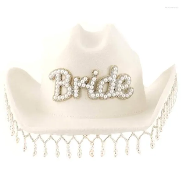 Beret Wedding Cowgirl Cappello per doccia da sposa Wide Brims Role Play White Cowboy Fashion Music Festival Bridetobe Fedoras
