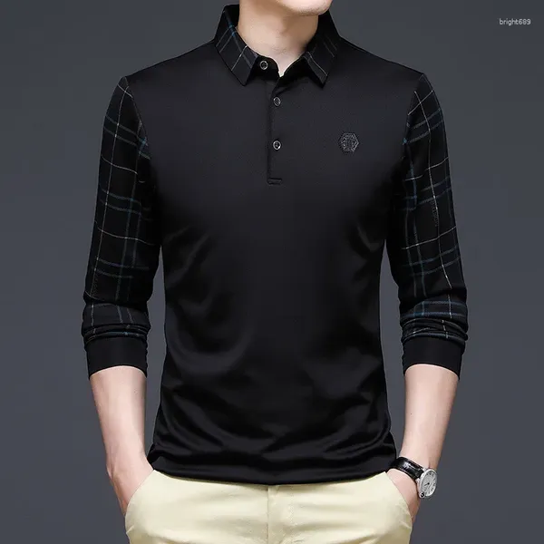Polos masculinos outono grade polo camisa masculina moda coreana roupas de manga longa t casual magro masculino lapela botão colarinho topos