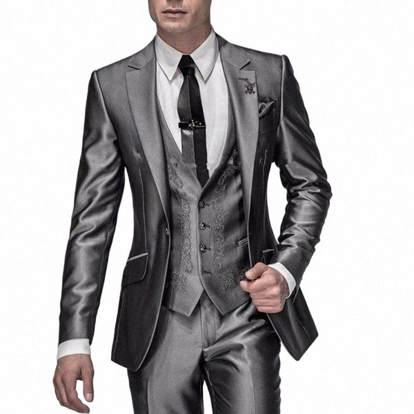 Abiti da uomo grigi lucidi con ricamo Groomsmen smoking dello sposo matrimonio miglior blazer set 3 pezzi giacca + pantaloni + gilet Costume Homme C1eX #