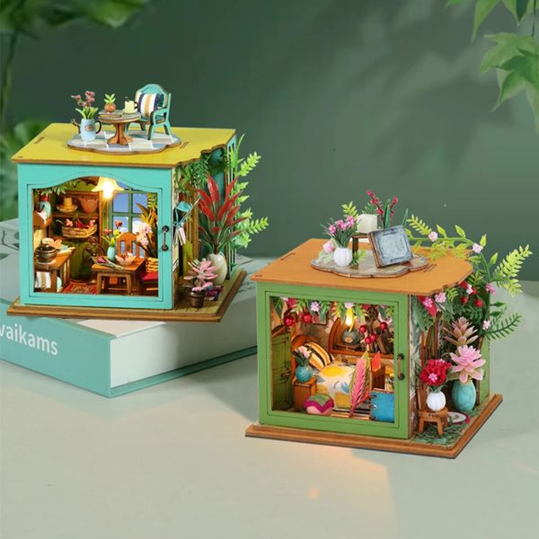 DIY Holz Miniatur Bausatz Mini Puppenhäuser mit Möbeln Licht Blume Schlafzimmer Küche Casa Puppenhaus für Erwachsene Geschenke 240321