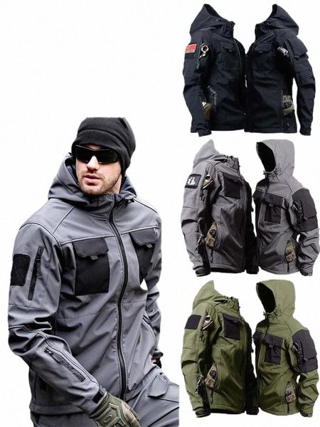 Pelle di squalo Giacche militari Uomo Tattico Soft Shell Antivento Impermeabile Giacca cargo con cappuccio Uniformi esterne Multi-tasche