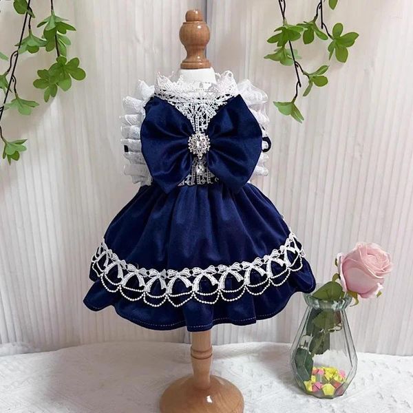 Cão vestuário retro azul veludo roupas para animais de estimação moda artesanal bonito arco festa princesa vestidos para pequeno médio chihuahua filhote de cachorro trajes