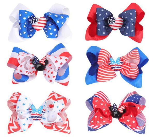 4 luglio Fiocco per capelli Clip Bandiera Forcina per bambina Ragazza Giorno dell'indipendenza americana Cuore Stella Barrette Accessorio Fasce per capelli Nastro Bowknot2158213