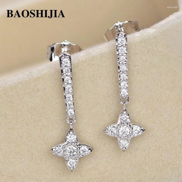 Brincos pendurados BAOSHIJIA Sólido 18k Ouro Branco Linda Estrela Natural Diamante Stud Joias Femininas Exquiste Art Deco