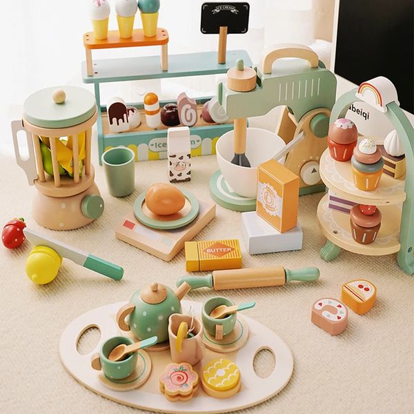 Holz Rollenspiel Küche Spielzeug Kaffeemaschine Teeservice Spielzeug Kuchen Eis Spielset Lernspielzeug für Mädchen Jungen Kinder Geschenke 240315