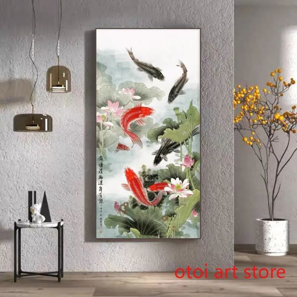 Chinesischer traditioneller Stil, Lotus, verheißungsvoll, neun Koi-Fische, Feng Shui, Kunstposter, Leinwandgemälde, Wanddruck, Bild, Raumdekoration, 240327
