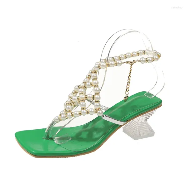 Sapatos de vestido transparente cristal super bonito salto grosso quadrado toe sandálias mulheres verão pérola praia romana