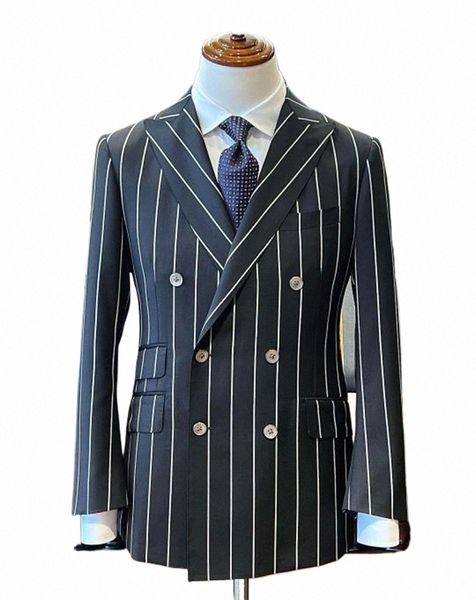 Zweireiher Marineblauer Anzug Mantel Blazer Hose 2 Stück Jacke Hosen Herren Hochzeitskleidung Dinner Party Wear Maßgeschneiderte Herren Sets S3LT #