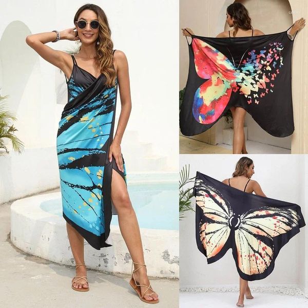 Casual Kleider 2024 Gedruckt Bunte Schmetterling Wrap Kleid Sexy Frauen Bademode Badeanzug Cover-ups Beachwear