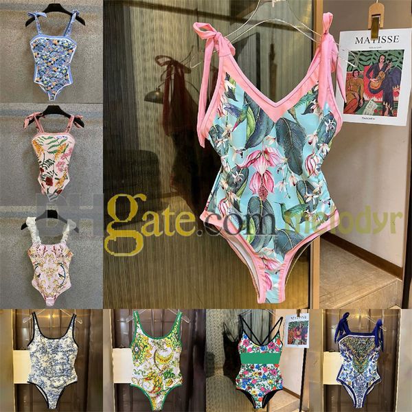 Verão impressão roupa de banho sexy sem costas um pedaço maiô feminino férias flor impresso biquinis secagem rápida rendas até sling biquinis