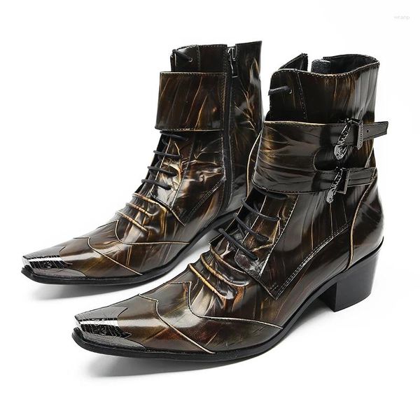 Stiefel italienische Doppelschnalle echtes Leder Knöchel für Männer Motorrad Metall Zehen kurze High Heel Cowboy Western Schuhe Mann
