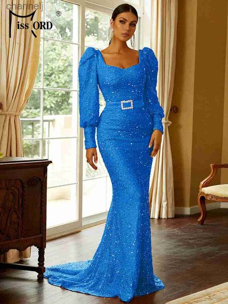 Urban Sexy Kleider Missord Blau Pailletten Abend Elegante Frauen Schatz Hals Laterne Ärmel Gürtel Bodycon Party Prom Meerjungfrau Saum Kleid Kleid yq240327