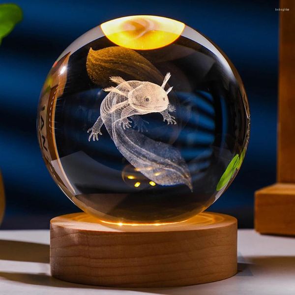 Estatuetas decorativas 3D Axolotl gravada bola de cristal com lâmpada base de madeira presente de aniversário para amigos