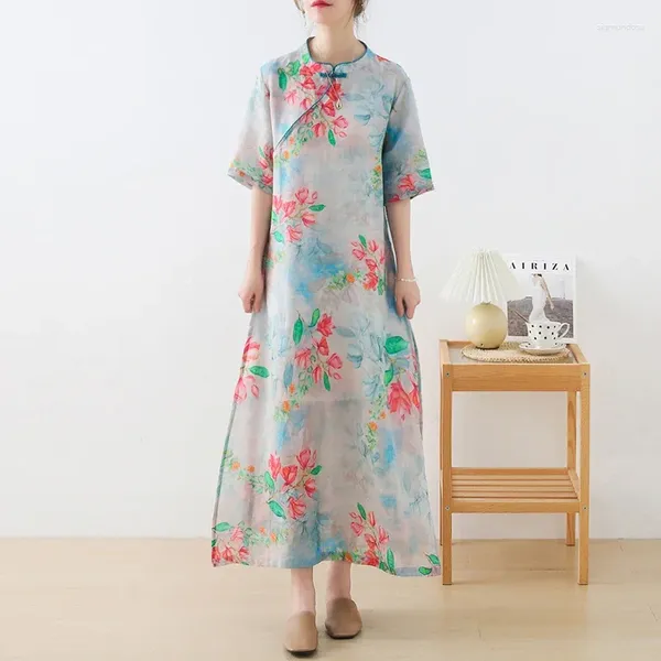 Party Kleider Frauen Lose Gedruckt Robe Ramie Vintage Kleid Damen Plus Größe Kleidung Sommer Chinesische Weibliche Oversize Qipao 2024