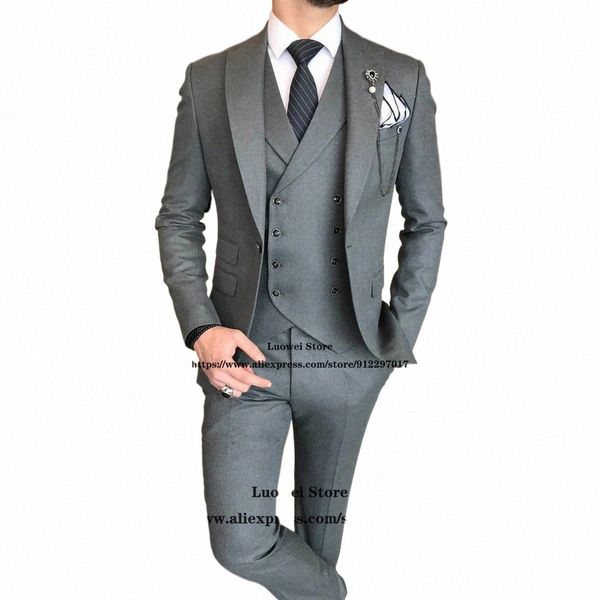 nuovo design abiti grigi per uomo slim fit sposo matrimonio prom con visiera risvolto smoking 3 pezzi giacca gilet pantaloni set maschile busin blazer J0oP #