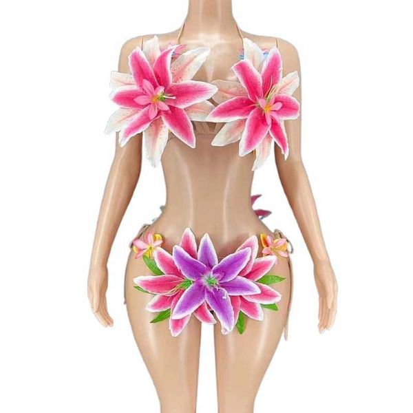 Clube festa stripper dança wear sexy halter bikini mulher roupa de banho praia wear conjunto de cordas flor