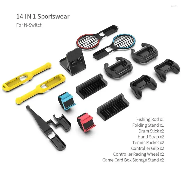 Controller di gioco 14 in 1 per kit interruttore con impugnatura per controller, cinghia da polso, volante, bacchetta, canna da pesca, racchetta da tennis