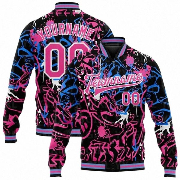 benutzerdefinierte Graffiti-Muster rosa-weiß abstrakte Grunge-Kunst 3D Bomber Full-Snap Varsity Letterman Jacke 3D Baseball Butt Jacke N7Vz #