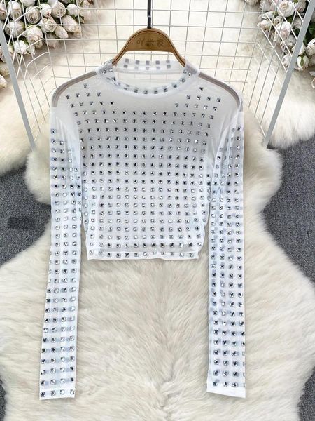 Damenblusen Frühling Sommer Frauen Diamanten Durchsichtig Sexy Kurze Tops Elegant Beige/Weiß/Schwarz Langarmshirt Weiblich Schlanke Bluse 2024