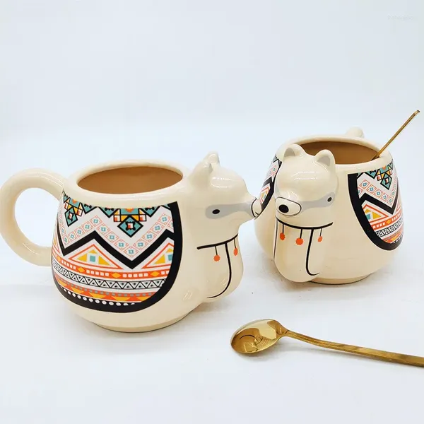 Tazze Tazza in ceramica 3D Alpaca Cartoon Vetro resistente al calore con cucchiaio Tazza da colazione per caffè al latte mattutino per regali