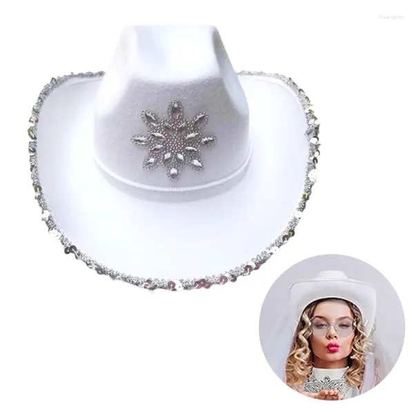 Boinas Moda Rolled Brims Chapéus de Cowboy com Lantejoulas Guarnição Mulher Banquetes Chapéu de Festa