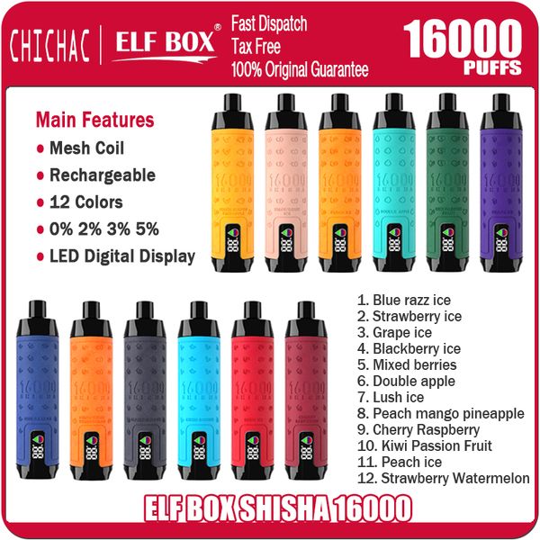 Original Elf Box Shisha 16000 Puffs Einweg -Vape Puff 16K Digital Display Mesh Spulenaufladbar E -Zigaretten 12 Geschmack 0% 2% 3% 5% VAPER VS 15K 15000 12 km 12000