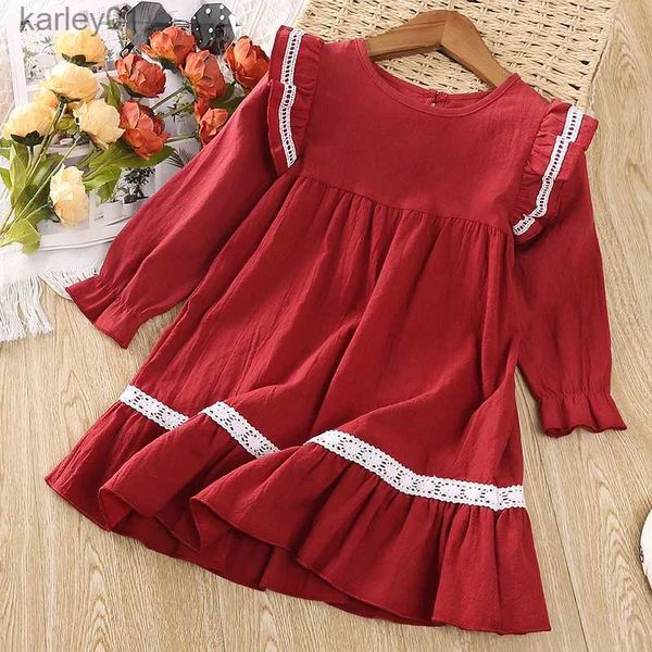 Mädchenkleider Herbst Neues Kleid Kinder Mädchen 2-6 Jahre Mädchen Rotes langärmeliges weißes Spitzenkleid mit Rüschen Koreanischer Stil Einfaches lockeres Prinzessinnenkleid yq240327