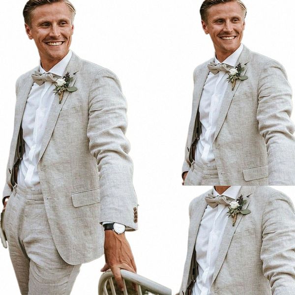 Leinen Strand Herrenanzüge für Hochzeit Sommer Bräutigam Tragen Revers Smoking 2 Stücke Männlich Fi Blazer Jacke + Hosen h3xM #