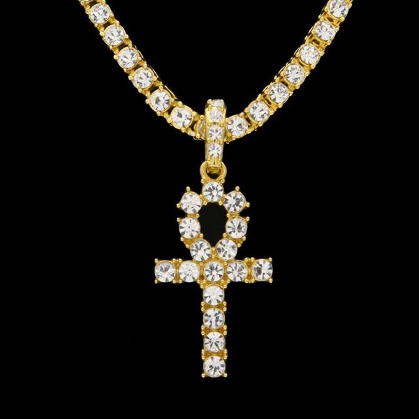 Ägyptischer Ankh Schlüssel des Lebens Halsketten Herren Iced Out Bling Kristall Kreuz Anhänger Gold Silber Tenniskette Für Frauen Rapper Hip Hop Je265K