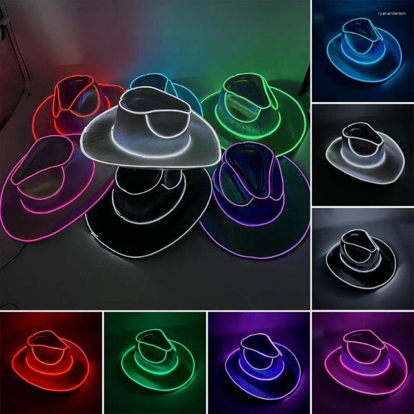 Baskenmützen Hip-Hop-Cowboyhut LED leuchtendes Cowgirl für Junggesellenabschied, kabellose Disco-Westernkappe mit Neonlichtern, Unisex-Hop