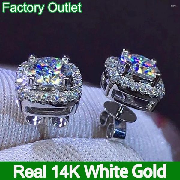 Stud Küpeler Özel Gerçek 14K Beyaz Altın Kadınlar Meydanı 0.5 1 2 3 CT Yuvarlak Moissanite Elmas Hediye Evlilik Yıldönümü Nişan