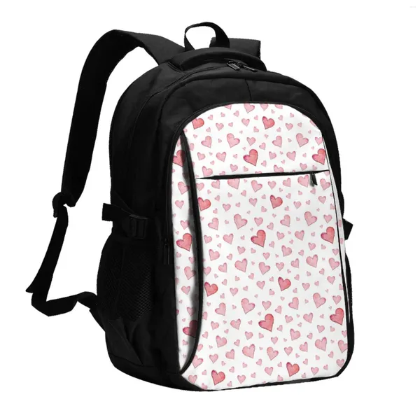 Mochila Rosa Amor Coração Padrão Grande Capacidade Caderno Escolar Moda Impermeável Ajustável Viagens Esportes