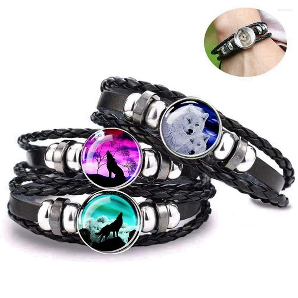 Braccialetti con ciondoli Bracciale con motivo animale Vetro intarsiato Lupo Nero Pelle artificiale intrecciata Stile punk Regalo da uomo