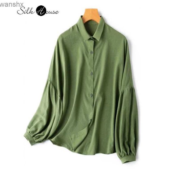 Camicette da donna Camicie 2024 Moda donna Nuovo 100% seta di gelso naturale 04 Crepe De China Piccolo collo quadrato maniche a lanterna Camicia verde oliva allentataL240328