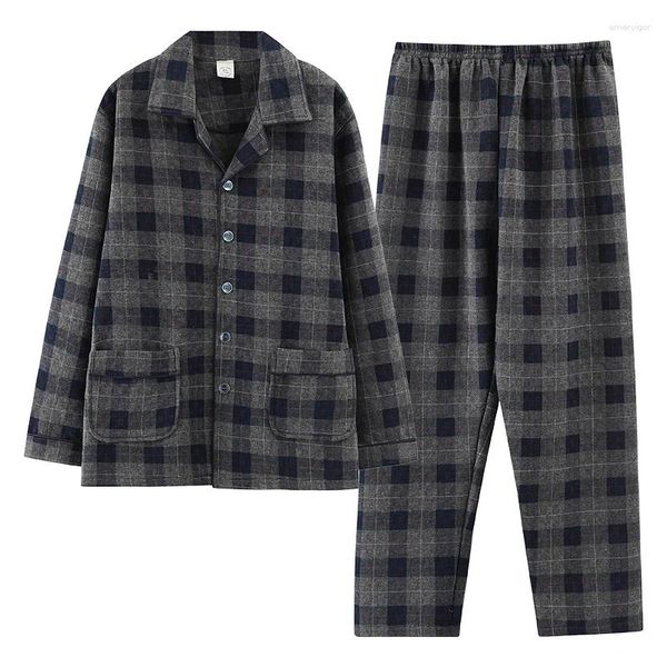 Pijamas masculinos de camada tripla, pijamas de algodão fino, cardigã xadrez, manga comprida, roupa casual para casa, pode ser usado externamente