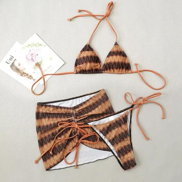 Kadın Mayo 3pcs Baskı bikinis seti yular bandaj mayo ile Drawstring plaj etek mikro üçgen push yukarı kapak biquini