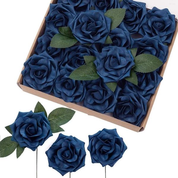 Flores decorativas mefier artificial azul azul rosa 16/32pcs rosas falsas com haste para buquês de casamento diy decoração de peças centrais