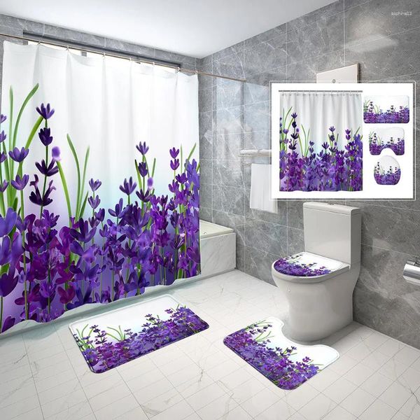 Duschvorhänge, lila, hochwertiges Stoffvorhang-Set mit schöner Blumen-Serie, wasserdichte Badezimmer-Dekoration