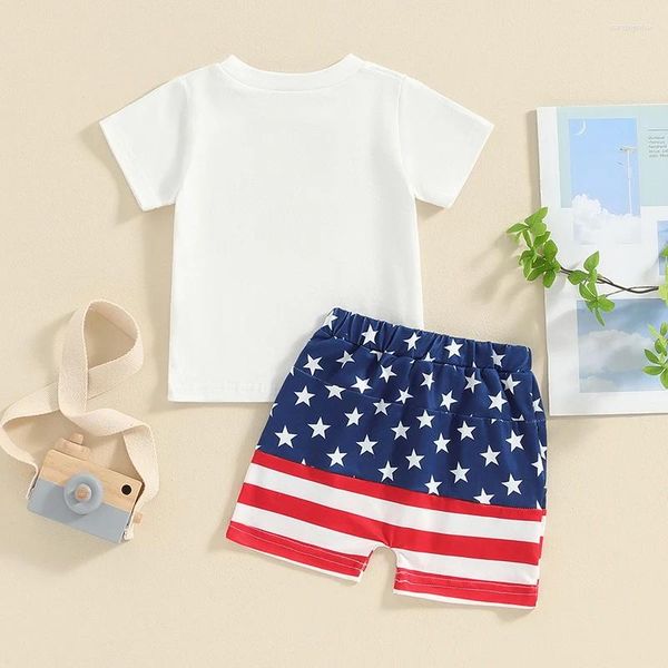Conjuntos de roupas Criança Meninos 4 de julho 2 Pcs Outfit Carta Imprimir Manga Curta T-shirt e Star Stripe Shorts Infantil Roupas de Verão