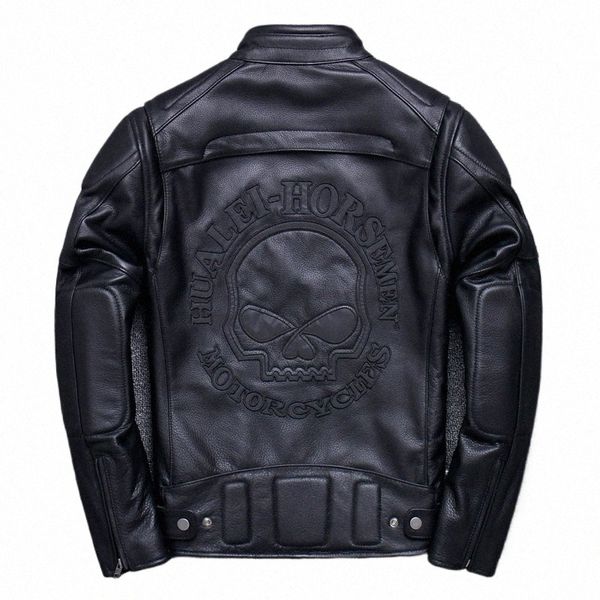 Ayunsue New Autumn Men's Genuine Leather Jacket Bordado Crânio Casaco De Couro Homem Biker Jaquetas Jaqueta Masculina SQQ342 M31g #