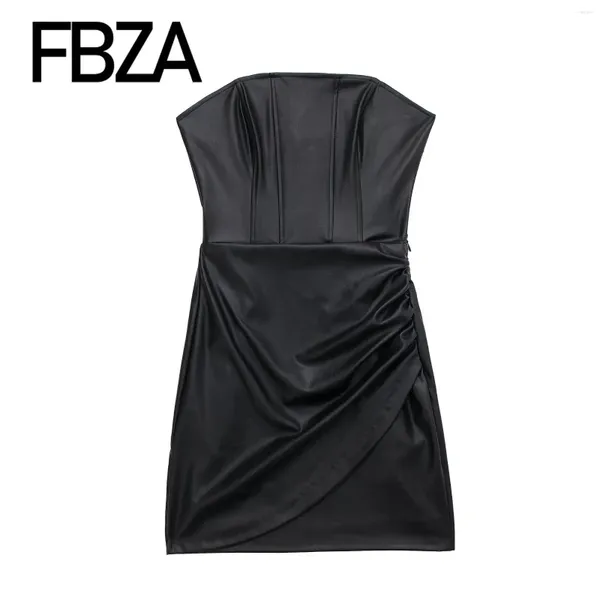 Vestidos casuais fbza mulheres moda couro falso apertado strapless preto sexy mini chique feminino assimétrico lado zip noite