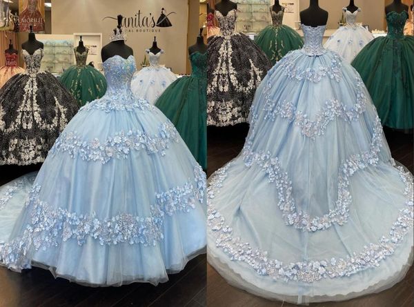 2022 Удивительное светло-голубое платье Quinceanera с цветочным узором и жемчужным кружевом Бальное платье Милая корсет XV Vestido de Sweet 15 Pr2766791