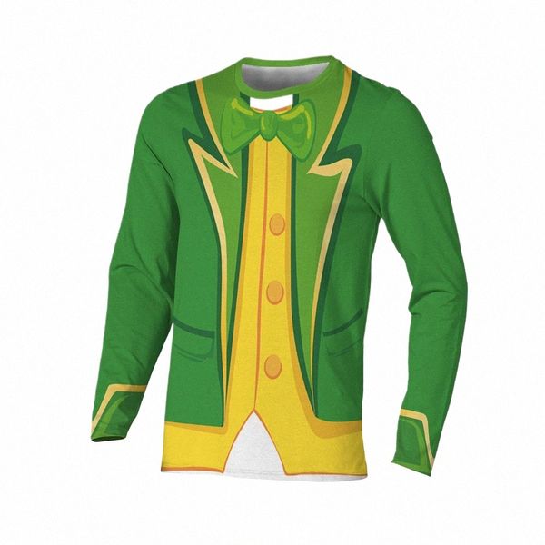 2024 Leprechauns Cosplay Kleidung Lg Sleeve Rundhalsausschnitt Top St. Patrick's Day Herren T-Shirt FI Unisex Grün Festliches T-Shirt K7yF #