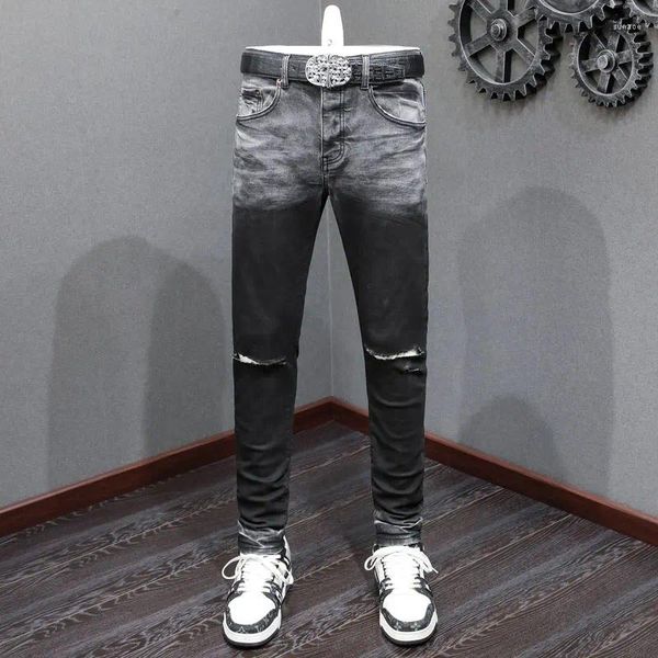 Мужские джинсы High Street Fashion Мужские ретро черные серые эластичные узкие брюки с рваными градациями цвета Дизайнерские брендовые брюки в стиле хип-хоп