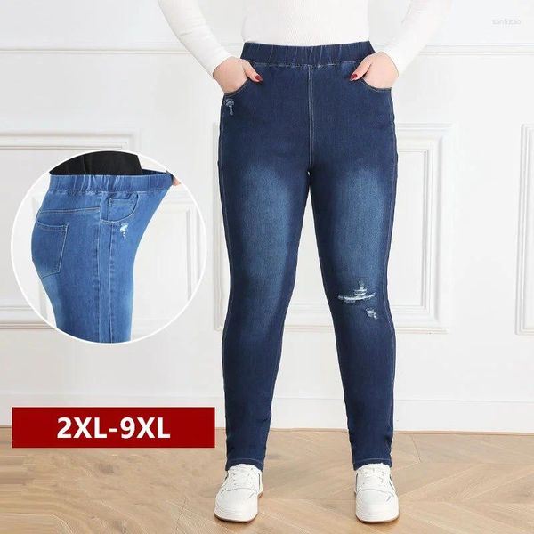 Jeans femininos 9xl mulheres plus size rasgado cintura alta magro ajuste 5xl 6xl 7xl 8xl menina denim calças oversized feminino esticado lápis calças