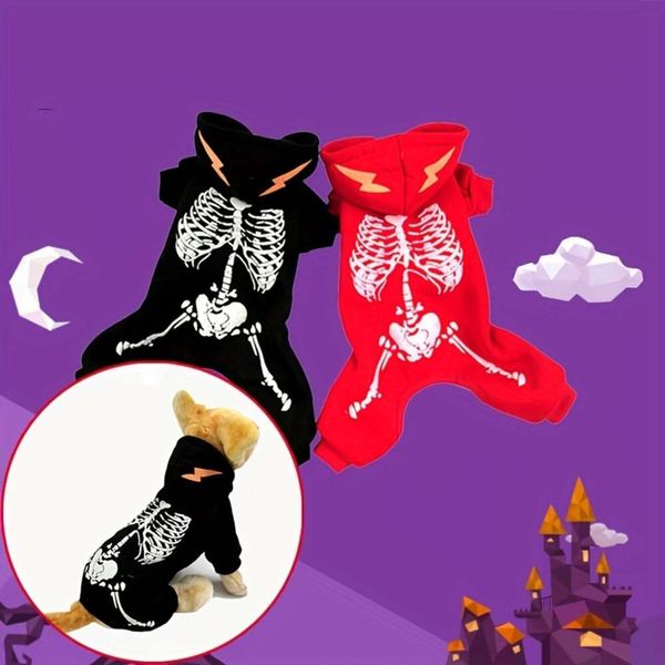 Hunde-Halloween-Kostüm mit Kapuze, leuchtender Overall, kühler, warmer Frühlings-, Herbst- und Wintermantel, kleine Hunde-Skelett-Grafik-Haustierkleidung