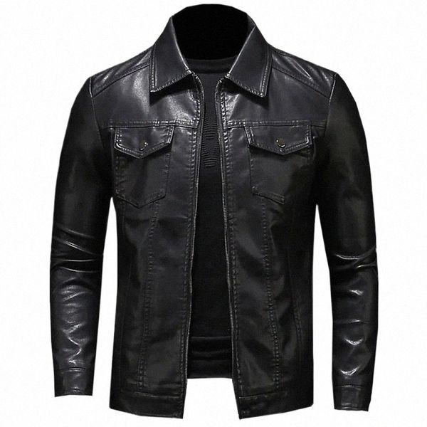 Männer Motorrad Lederjacke Große Größe Tasche Schwarz Reißverschluss Revers Slim Fit Frühling und Herbst PU Mantel Männlich Hohe Qualität M-5XL S4cp #