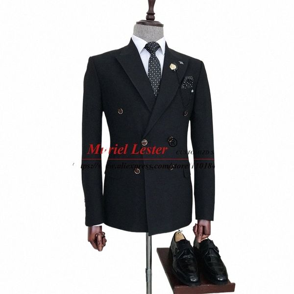 Schwarze Busin-Anzüge Slim Fit Klassische männliche Herrenbekleidung Maßgeschneiderte zweireihige Blazer-Sets Formelle Hochzeit Bräutigam Smoking S4cA #