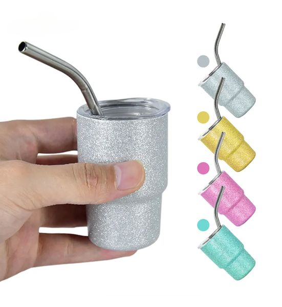 Sublimasyon 3oz Chunkky Glitter Cup 90ml Parlak Sier Wine Tumbler DIY Hızlı için Kapak ve Pipetli Küçük Atış Cam