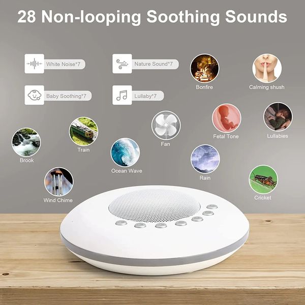 Baby White Noise Sound Machine Eingebaute 28 beruhigende Geräusche 4 Timer-Speicherfunktion USB wiederaufladbares tragbares Einschlafhilfegerät 240315